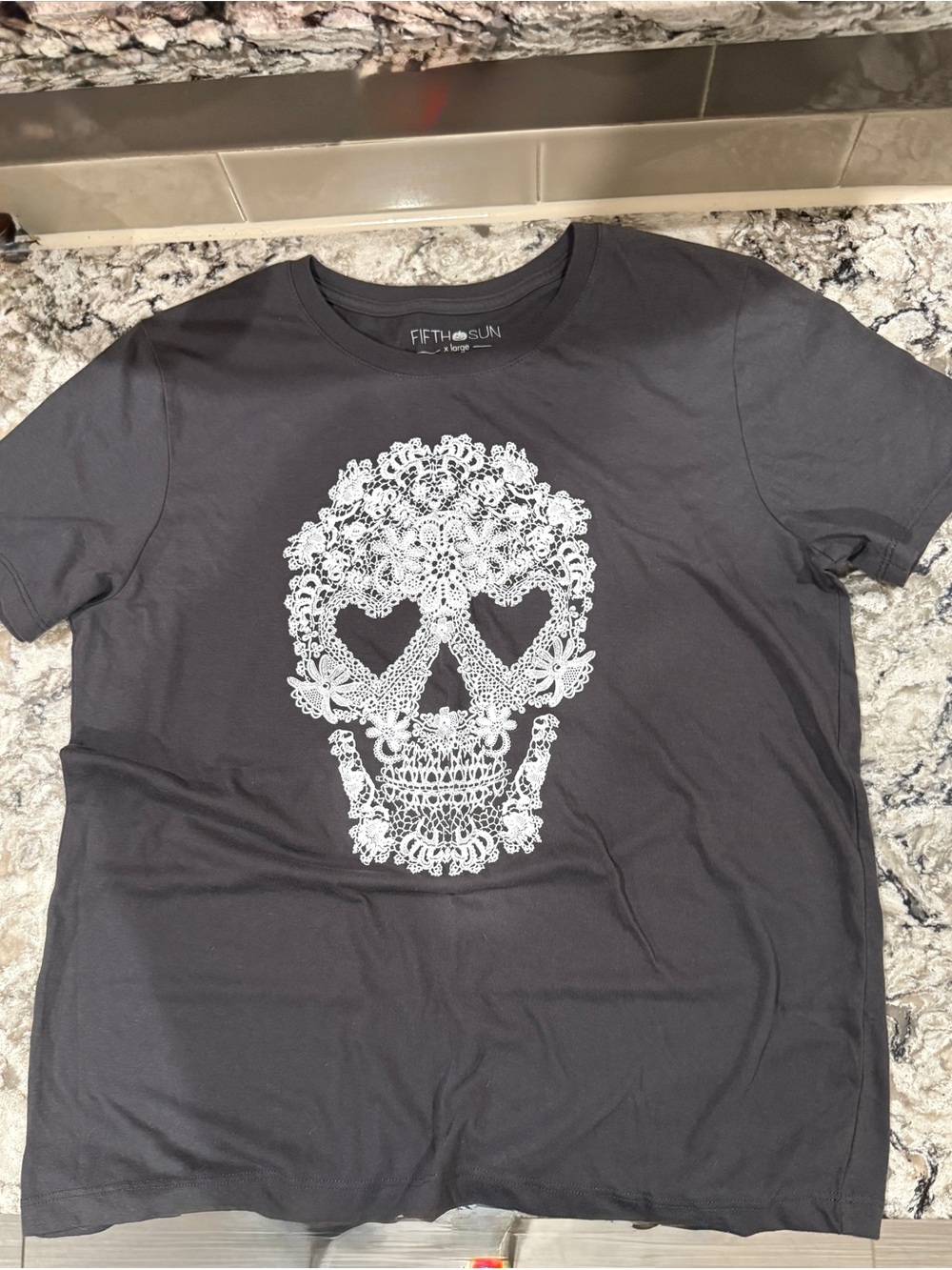 Fifth Sun Black Tee with White Lace-Style Skull Graphic